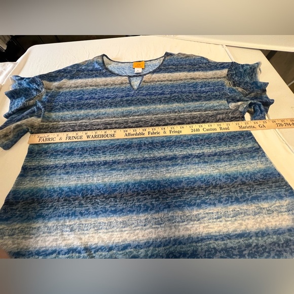RUBY RD BLUE & WHITE STRIPED TEE W/SCOOP NECK & FLUTTER SLEEVES. SIZE XL - Picture 6 of 9